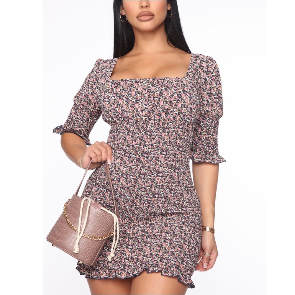 Fashion Nova Floral Trails Smocked Mini Dress in Navy
